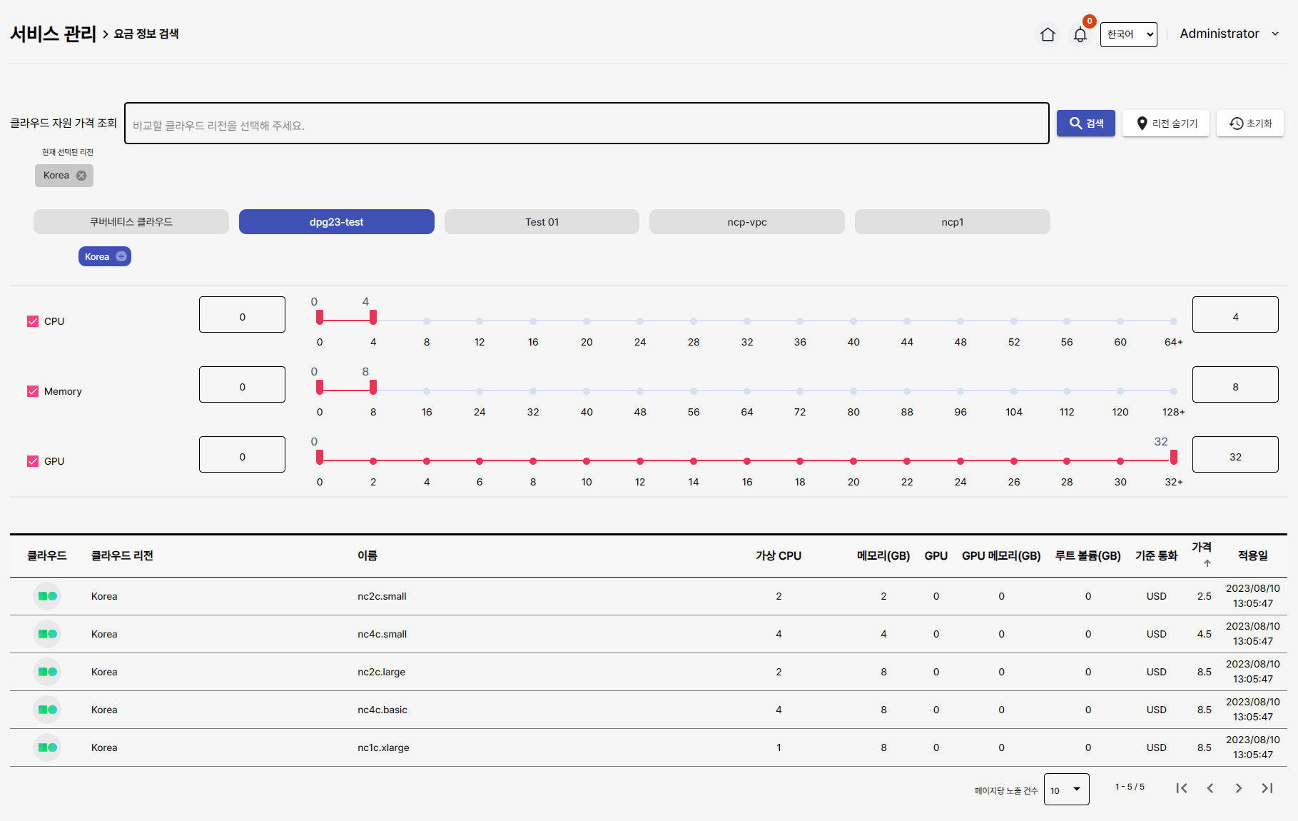 클라우드 서비스간 가격 비교 결과