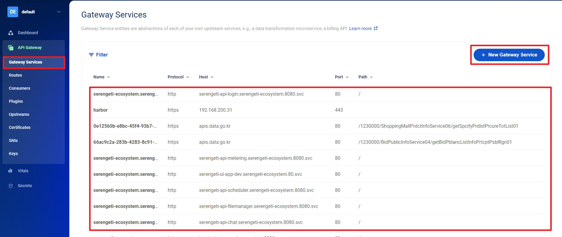 gateway services 리스트 화면